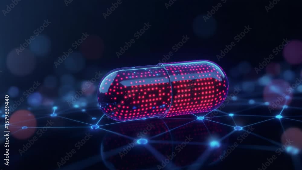 Poster futuristic digital pill with pulsing data on a glowing neural network closeup