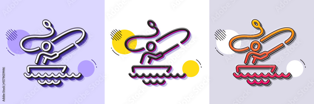Poster boat fishing line icon. halftone dotted pattern. gradient icon with grain shadow. fisherman with spi