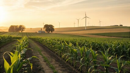 Scenic Agricultural Landscape with Wind Turbines and Cornfields