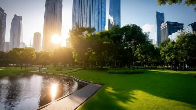 Picturesque cityscape view with green park, pond, lawn and modern skyscrapers gleaming in golden light