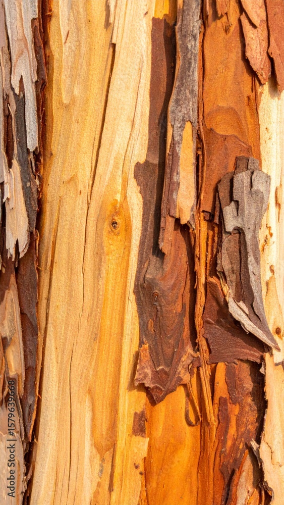 Poster close up of textured multi layered tree bark with natural tones and patterns