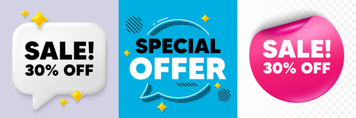 Sale speech bubble. 3d sparkles chat, Paper sticker. Sale 30 percent off discount. Promotion price offer sign. Retail badge symbol. Special offer bubble. Halftone dots pattern. Vector