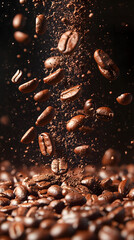 Falling roasted coffee beans in mid-air explosion with dynamic motion and dark background for caffeine energy food beverage