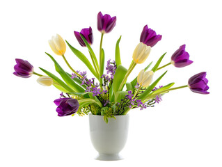 Fototapeta premium Beautiful bouquet of purple and yellow tulips in a white vase isolated on transparent background