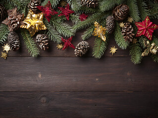 Festive Christmas garland with pinecones red and gold star ornaments and green fir branches