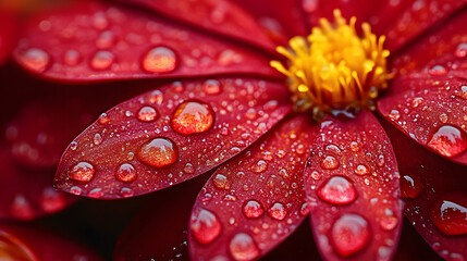Macro close-up of vibrant red flower petals covered in sparkling water droplets with sharp detail
