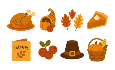 Thanksgiving icon set featuring turkey, cornucopia, pie, and autumn symbols