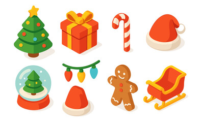 Festive christmas icons including tree, gift, candy cane, santa hat, snow globe, lights, gingerbread, sleigh