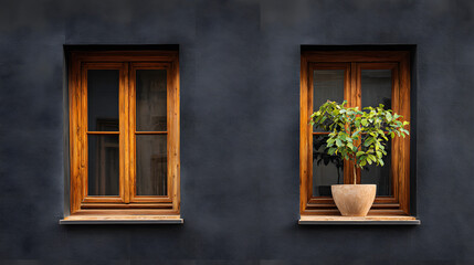 Fototapeta premium Warm wooden-framed double windows on a modern black stucco wall with a potted green plant adding natural charm