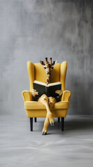 Whimsical Giraffe Sitting Cross-Legged in a Bright Yellow Armchair Deeply Immersed in Reading a Book