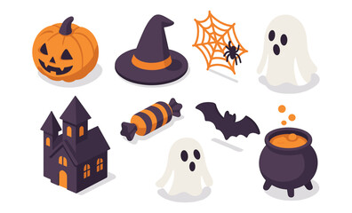 Fototapeta premium Halloween icons: pumpkin, witch hat, spider web, ghosts, bat, haunted house, candy, cauldron