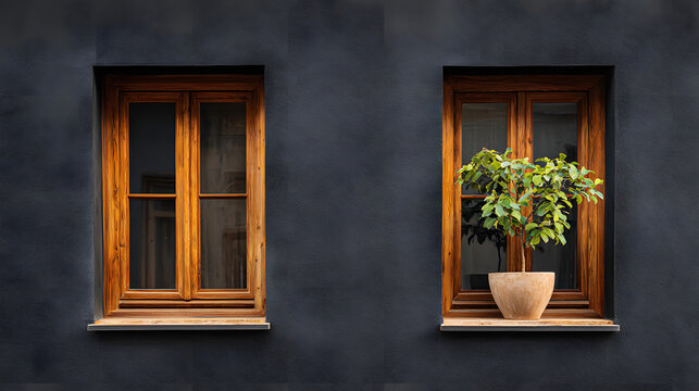 Warm wooden-framed double windows on a modern black stucco wall with a potted green plant adding natural charm