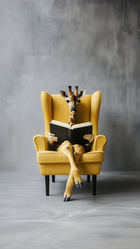Whimsical Giraffe Sitting Cross-Legged in a Bright Yellow Armchair Deeply Immersed in Reading a Book