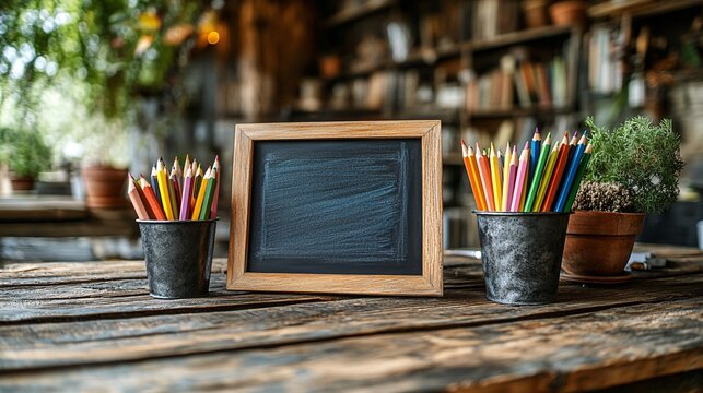Colorful Pencils And Small Blackboard On Rustic Wooden Table Items For Art Class Supplies And Decorations For Home Office Or Classroom Decor Closeup View On Wooden Surface At Home Or Office Desk - Powered by Adobe