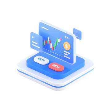 3d isometric trading platform interface with buy sell buttons and stock chart isolated on transparent background