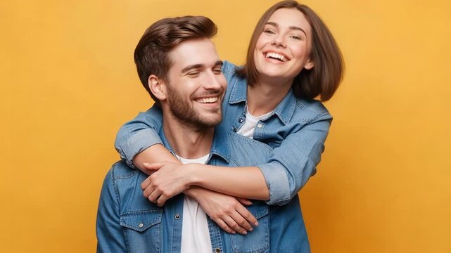 Happy couple smiling together looking at camera with joy