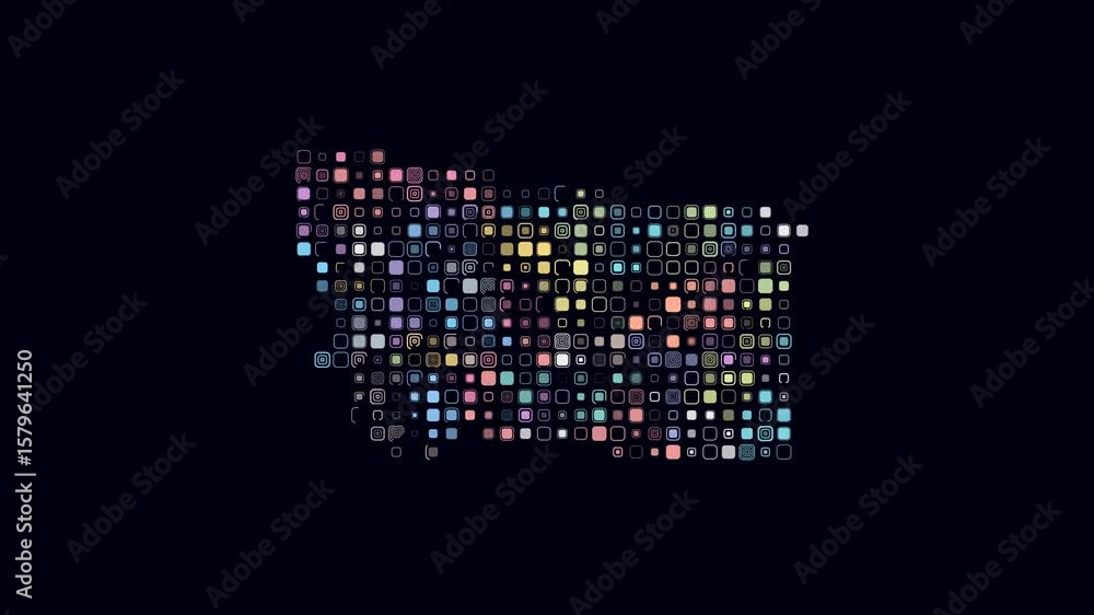 Poster montana dotted animation. shape of the state build of pulsating colored dots. large size rounded squ