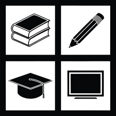 Stacked books pencil graduation cap computer monitor icons vector