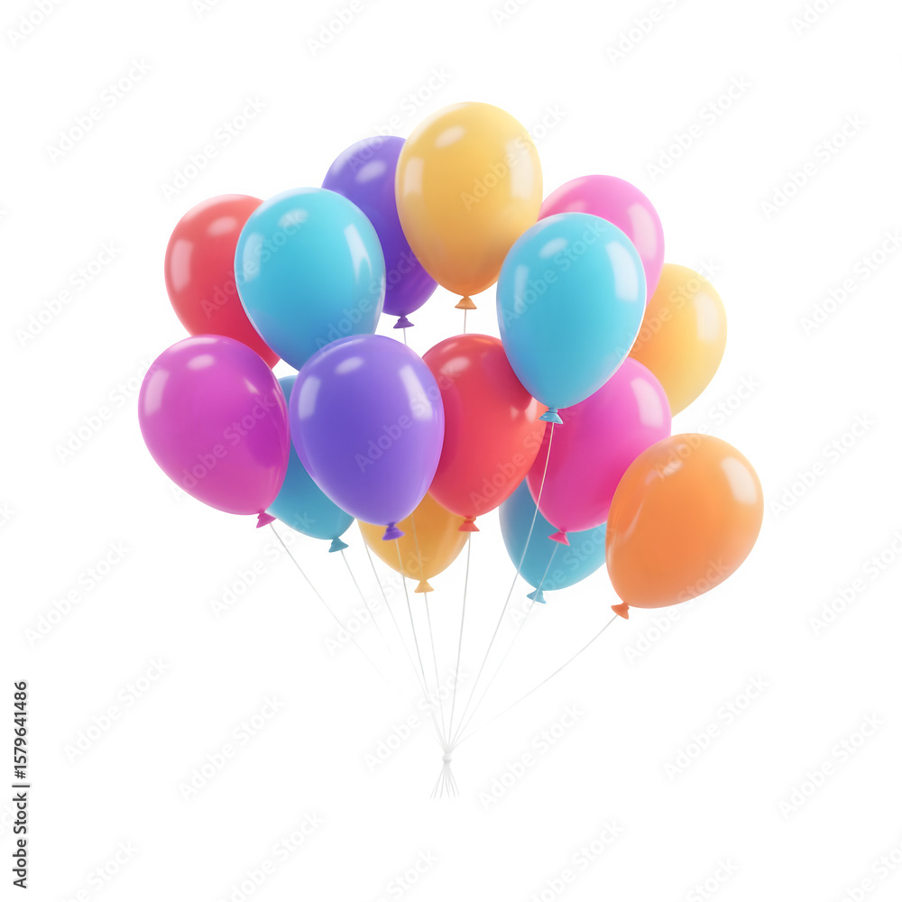 Poster a vibrant bunch of colorful balloons tied together with white strings isolated on transparent backgr