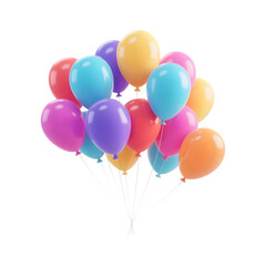 A vibrant bunch of colorful balloons tied together with white strings isolated on transparent background
