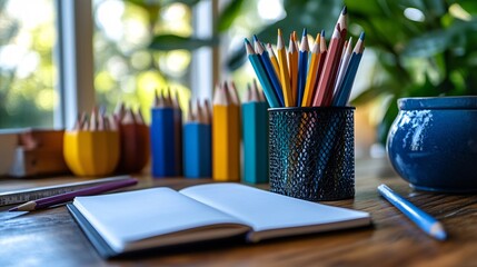 Colorful Pencils In Metal Holder Beside Open Sketchbook On Wooden Desk