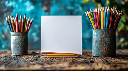 Colorful Pencils In Vintage Metal Containers With Blank Paper On Rustic Wooden Table Surfaces For Drawing Or Sketching Purposes And Creative Expression Supplies In Still Life Photography Style