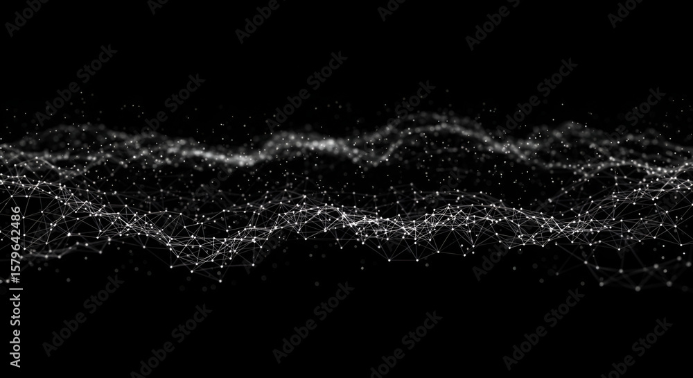 Poster abstract white polygonal lines and dots on black background for science concepts