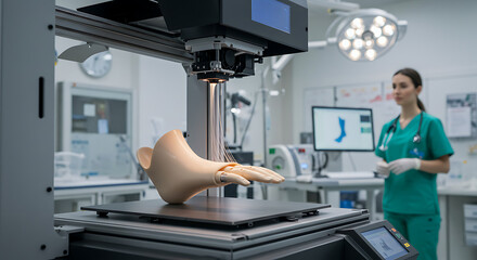 A medical professional observes a 3D printer creating a prosthetic limb in a sterile hospital environment, with a computer displaying a 3D model in the background.