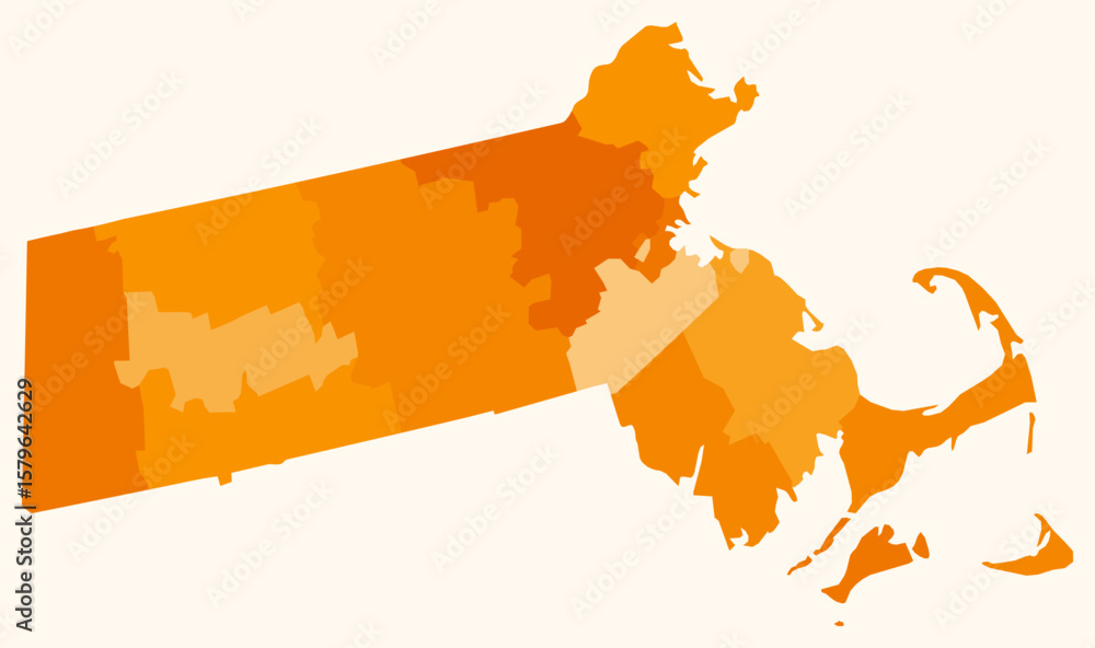 Poster map of massachusetts with counties. just a simple state border map with county division. orange colo