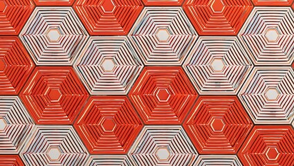 Geometric Hexagon Tiles in Alternating Orange and White Tones, Artistic Honeycomb Pattern with Varied Color Arrangement