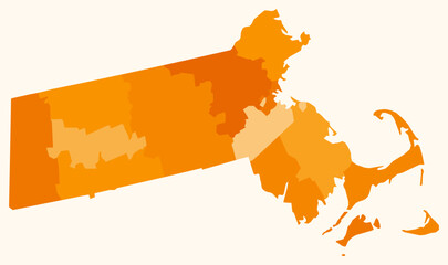 Map of Massachusetts with counties. Just a simple state border map with county division. Orange color palette. Plain Commonwealth of Massachusetts shape with administrative division.