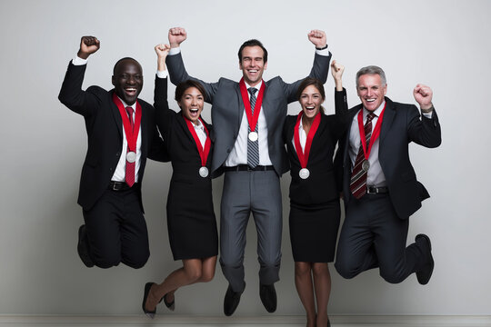 Group of professionals celebrate achievement with joyful jumps and medals indoors - Powered by Adobe