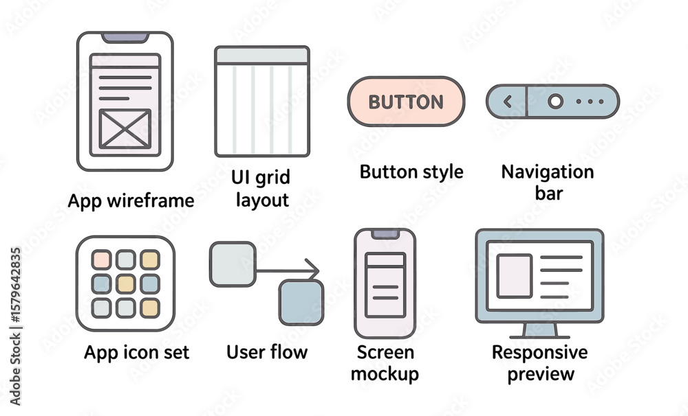 Fototapete Flat vector icon set featuring ui grid layout and wireframe elements