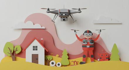 Drone Pilot and House: A cheerful drone pilot in a vibrant red jumpsuit operates a modern drone near a charming house in a stylized paper-cut landscape.