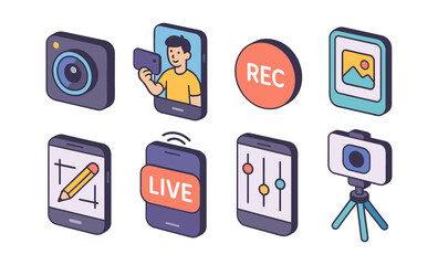 Isometric icon set of smartphone photography and video editing tools