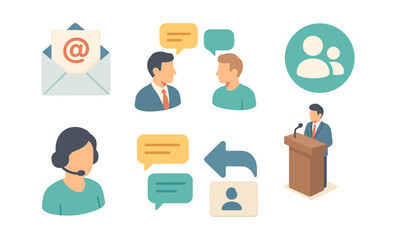 Flat design communication icons: chat, email, customer support, address book, speech