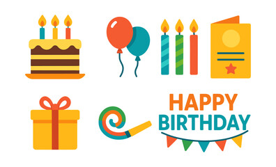 Colorful birthday icons with cake, balloons, candles, gift, card, and banner