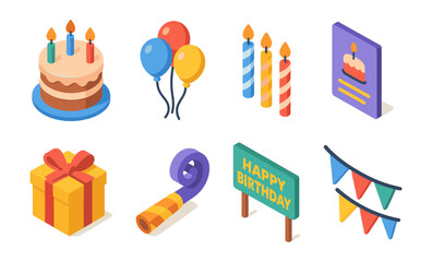 Obraz premium Colorful birthday icons including cake, balloons, candles, gift, and decorations