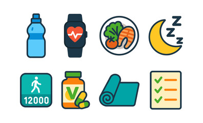 Icons of holistic health: hydration, fitness, nutrition, sleep, exercise, wellness tracking