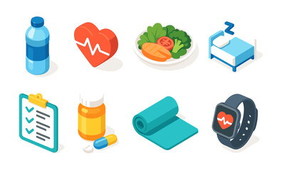 Health and fitness icons: water bottle, heart, vegetables, bed, checklist, medication, yoga mat, smartwatch