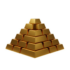 Pile of gold bars arranged in pyramid shape on white background  