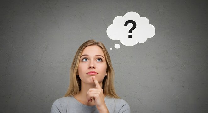 Thoughtful young woman contemplating a question, illustrated by a question mark in a thought bubble.