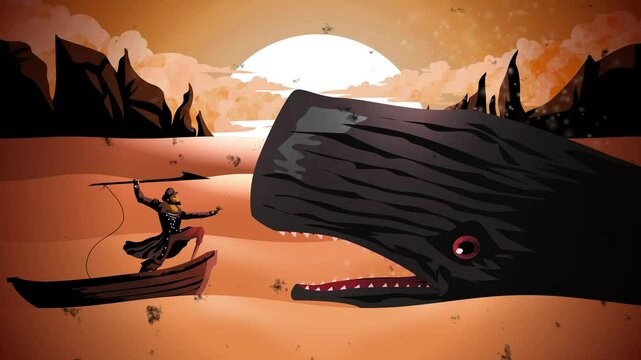 boat captain hunting a whale with harpoon