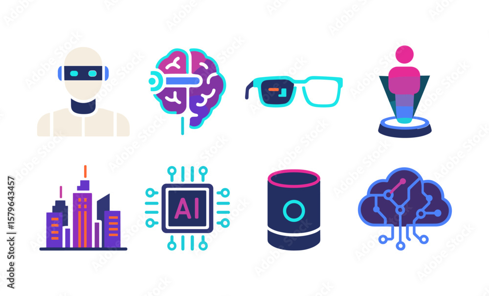 Poster flat vector icons representing future technology concepts