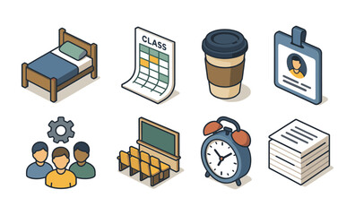 Student life icons: bed, class schedule, coffee, id, group, classroom, clock, papers