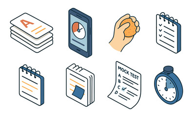 Illustrated study tools and test preparation icons for education and time management
