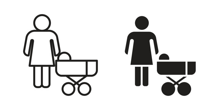 Woman with Baby Stroller icon vector modern flat and stroke designs