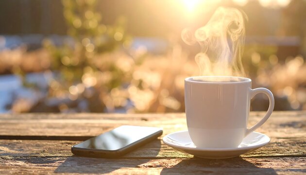 Warm coffee on a rustic wooden table