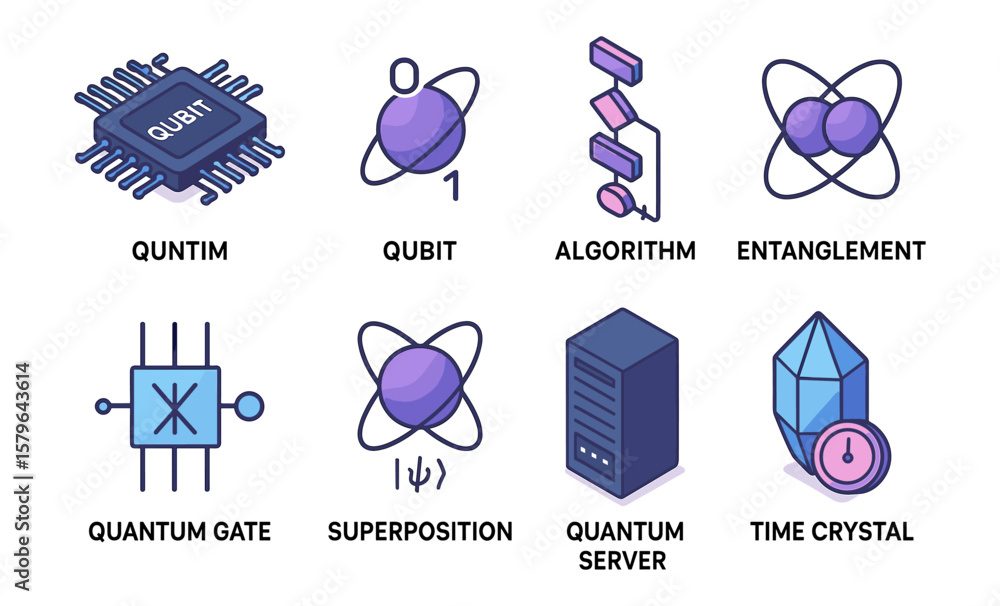 Poster illustration of quantum concepts including qubit, algorithm, and time crystal