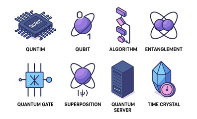 Illustration of quantum concepts including qubit, algorithm, and time crystal